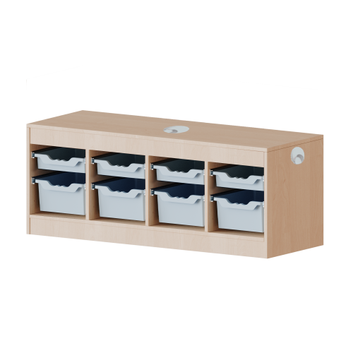 Regal mit flachen und hohen ErgoTray-Boxen, 1 Ordnerhöhe mit Kabelkanal mit zusätzlichem Kabelfach und 3 Kabeldurchlässen, Maße H/T: 56x40 cm, verschiedene Breiten