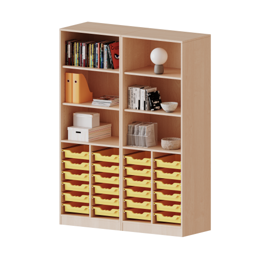 ErgoTray Regal, vierreihig, 5 Ordnerhöhen - evo180 Serie B/H/T: 140,6x190x40 cm, mit Sockel (81 mm), zweiteilig, unten 24 flache ErgoTray Boxen, oben 4 Einlegeböden