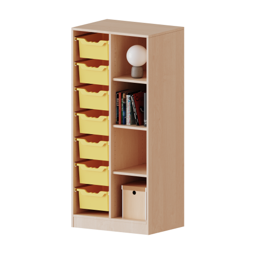 ErgoTray Regal, zweireihig, 4 Ordnerhöhen - evo180 Serie B/H/T: 70,3x154x50 cm, mit Sockel (81 mm), rechts 4 Fächer, links 7 hohe ErgoTray Boxen