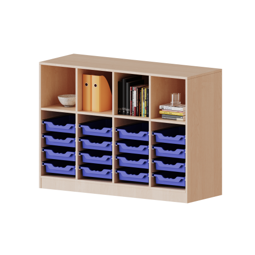 ErgoTray Regal, vierreihig, 2,5 Ordnerhöhen - evo180 Serie Breite 138,7 cm, Gesamthöhe 100 cm, mit Sockel, oben 4 Fächer, unten 16 flache ErgoTray Boxen