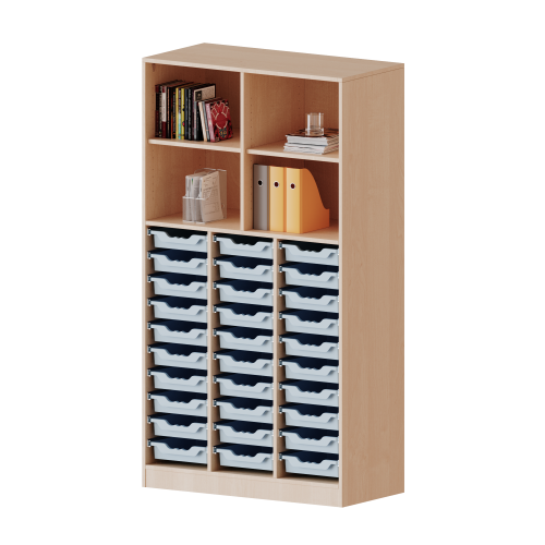 ErgoTray Regal, dreireihig, 5 Ordnerhöhen - evo180 Serie Breite 104,5 cm, Gesamthöhe 190 cm, mit Sockel (81 mm), unten 30 flache ErgoTray Boxen, oben 2 Einlegeböden