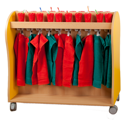 Handtuchwagen mit Ablage und Bilderleiste B/H/T: 120x92x40 cm, mit 2x12 Doppelhaken für 24 Kinder, Handtuch- und Zahnputzwagen