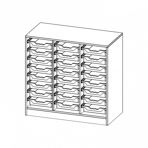 ErgoTray Regal, dreireihig, 2,5 Ordnerhöhen - evo180 Serie Breite 104,5 cm, Gesamthöhe 100 cm, mit Sockel, 24 flache ErgoTray Boxen