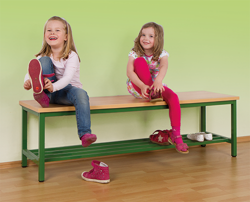 Umkleidebank mit Schuhrost und Sitzfläche Melamin B/H/T: 100x45x35 cm, Sitzbank mit Schuhrost, Sitzfläche melaminharzbeschichtet, Gestellfarbe nach RAL wählbar