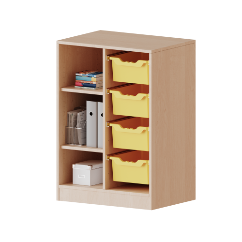 ErgoTray Regal, zweireihig, 2,5 Ordnerhöhen - evo180 Serie B/H/T: 70,3x100x40 cm, mit Sockel (81 mm), links 3 Fächer, rechts 4 hohe ErgoTray Boxen