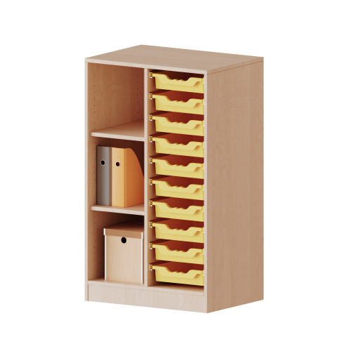 ErgoTray Regal, zweireihig, 3 Ordnerhöhen - evo180 Serie Breite 70,3 cm, Gesamthöhe 118 cm, mit Sockel, links 3 Fächer, rechts 10 flache ErgoTray Boxen