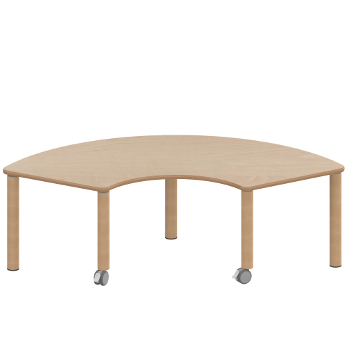 Tisch ZALOTTI mit Schichtstoff-Belag Drittelkreistische, Stellfläche B/T: 173x80 cm, Höhen 25…76 cm, Massivholzbeine Ø 60 mm, Fußvariante: fahrbar
