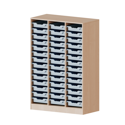 ErgoTray Regal, dreireihig, 4 Ordnerhöhen - evo180 Serie Breite 104,5 cm, Gesamthöhe 154 cm, mit Sockel, 42 flache ErgoTray Boxen