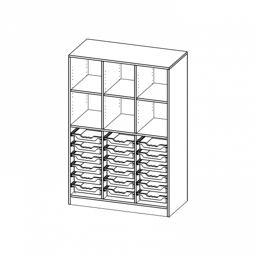 ErgoTray Regal, dreireihig, 4 Ordnerhöhen - evo180 Serie Breite 104,5 cm, Gesamthöhe 154 cm, mit Sockel, unten 18 flache, oben 6 Fächer