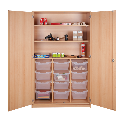 Werkschrank mit ErgoTray-Boxen und 2 Einlegeböden B/H/T: 110x180x50 cm, Ausstattung mit ErgoTray-Boxen in unterschiedlicher Höhe und Anzahl und 2 großen Einlegeböden