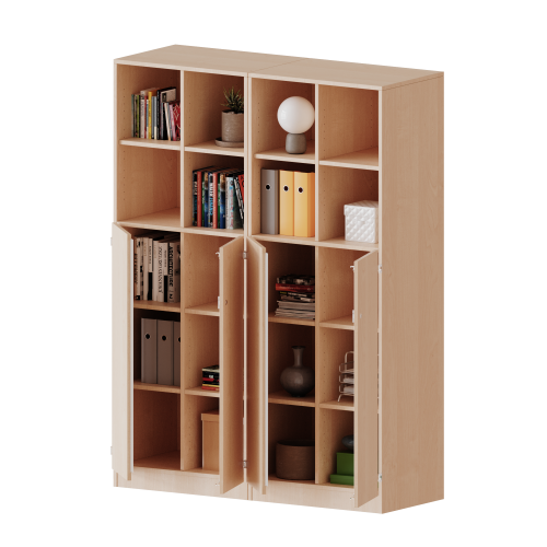 ErgoTray Kombi-Schrank, vierreihig, zweiteilig, 5 Ordnerhöhen - evo180 Serie B/H/T: 140,6x190x50 cm, 3 OH unten mit Türen, oben 2 OH Regal, mit Sockel (81 mm), mit 2 Mittelwänden