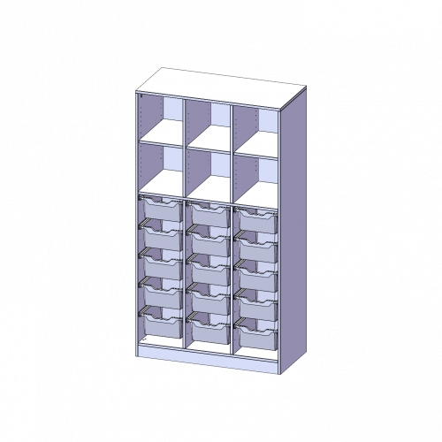 ErgoTray Regal, dreireihig, 5 Ordnerhöhen - evo180 Serie B/H/T: 104,5x190x50 cm, mit Sockel (81 mm) und Mittelwand, unten 15 hohe ErgoTray Boxen, oben 3 Einlegeböden