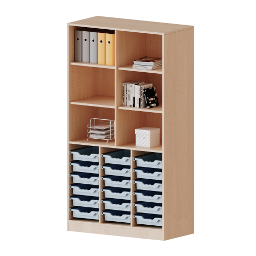 ErgoTray Regal, dreireihig, 5 Ordnerhöhen - evo180 Serie Breite 104,5 cm, Gesamthöhe 190 cm, mit Sockel (81 mm), unten 18 flache ErgoTray Boxen, oben 4 Einlegeböden