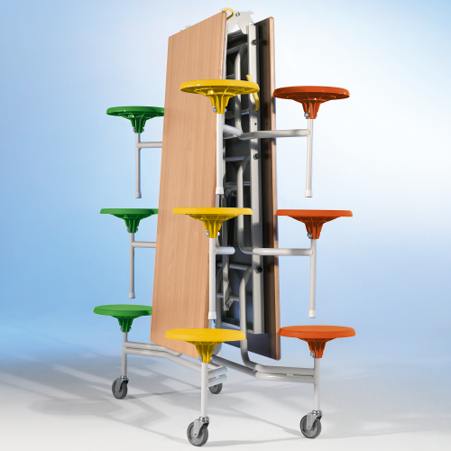 Spaceflex 2.0 Klapptisch mit integrierten Stühlen, Schichtstoffplatte, rechteckig 12 Sitze, Sitzfarbe wählbar, Sitzhöhe 41 cm