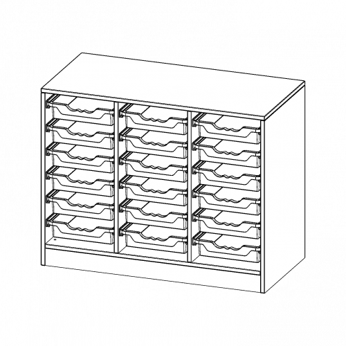 ErgoTray Regal, dreireihig, 2 Ordnerhöhen - evo180 Serie Breite 104,5 cm, Gesamthöhe 82 cm, mit Sockel, 18 flache ErgoTray Boxen