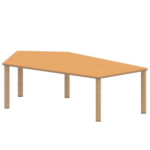 Tisch ZALOTTI mit Linoleum-Belag Fünfecktisch-groß, Stellfläche B/T: 185x104 cm, Höhen 25…76 cm, Massivholzbeine Ø 60 mm, Fußvariante: Stellfuß
