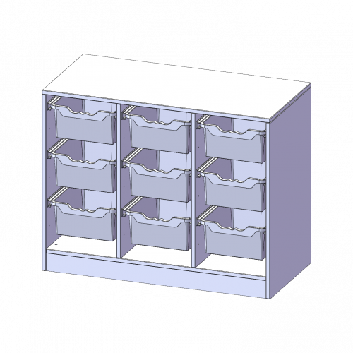 ErgoTray Regal, dreireihig, 2 Ordnerhöhen - evo180 Serie Breite 104,5 cm, Gesamthöhe 82 cm, mit Sockel, 9 hohe ErgoTray Boxen