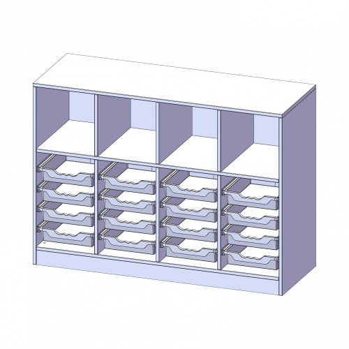 ErgoTray Regal, vierreihig, 2,5 Ordnerhöhen - evo180 Serie Breite 138,7 cm, Gesamthöhe 100 cm, mit Sockel, oben 4 Fächer, unten 16 flache ErgoTray Boxen