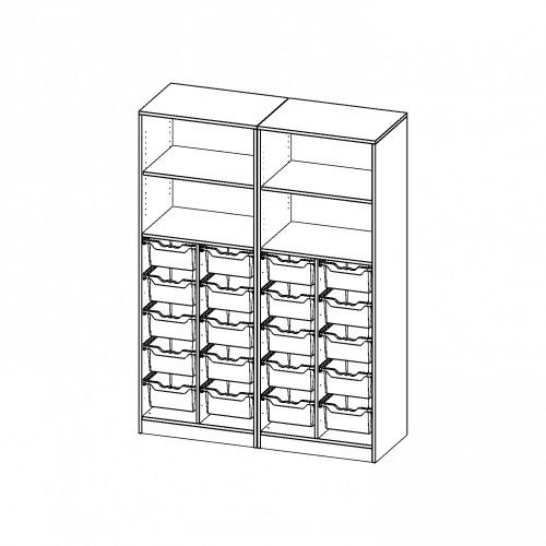 ErgoTray Regal, vierreihig, 5 Ordnerhöhen - evo180 Serie Breite 140,6 cm, Gesamthöhe 190 cm, mit Sockel (81 mm), zweiteilig, unten 20 hohe ErgoTray Boxen, oben 2 Einlegeböden