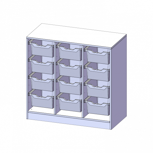 ErgoTray Regal, dreireihig, 2,5 Ordnerhöhen - evo180 Serie Breite 104,5 cm, Gesamthöhe 100 cm, mit Sockel, 12 hohe ErgoTray Boxen