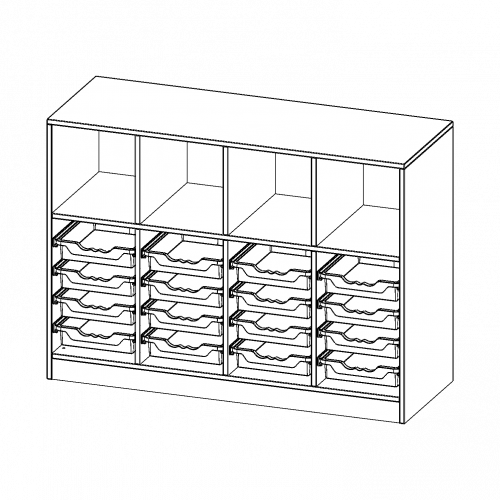 ErgoTray Regal, vierreihig, 2,5 Ordnerhöhen - evo180 Serie Breite 138,7 cm, Gesamthöhe 100 cm, mit Sockel, oben 4 Fächer, unten 16 flache ErgoTray Boxen