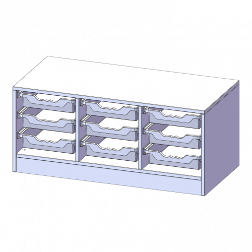 ErgoTray Regal, dreireihig, 1 Ordnerhöhe - evo180 Serie B/H/T: 104,5x46x40 cm, Breite 104,5 cm, Gesamthöhe 46 cm, mit Sockel, 9 flache ErgoTray Boxen