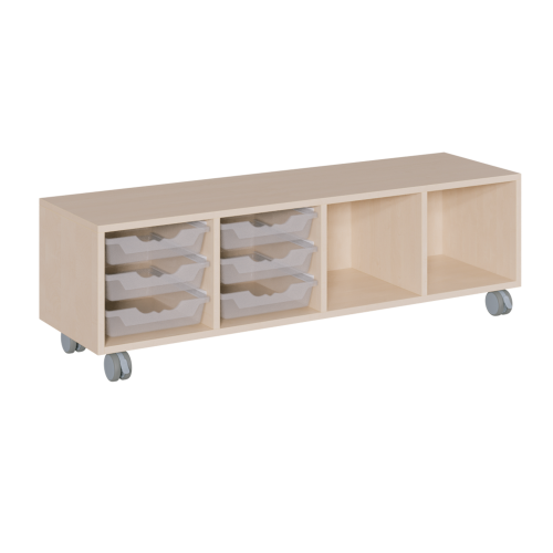 fahrbares Regal in Korpusbauweise B/H/T: 139x42,5x40 cm, in 4 Reihen 6 flache ErgoTray-Boxen und 2 Fächer