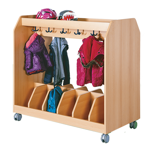 Garderoben- und Taschenwagen mit Trennungen B/H/T: 120x110x60 cm, aus feuerhemmendem Material für 12 Taschen und zusätzlichen 12 Dreifachhaken unter Ablage, doppelseitig nutzbar