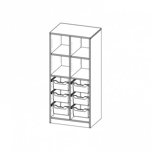 ErgoTray Regal, zweireihig, 4 Ordnerhöhen - evo180 Serie Breite 70,3 cm, Gesamthöhe 154 cm, mit Sockel, oben 4 Fächer, unten 6 hohe ErgoTray Boxen
