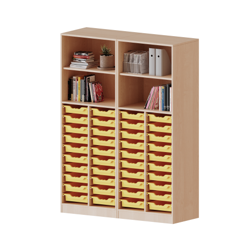 ErgoTray Regal, vierreihig, 5 Ordnerhöhen - evo180 Serie Breite 140,6 cm, Gesamthöhe 190 cm, mit Sockel (81 mm), zweiteilig, unten 40 flache ErgoTray Boxen, oben 2 Einlegeböden