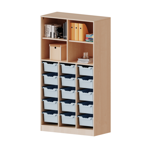 ErgoTray Regal, dreireihig, 5 Ordnerhöhen - evo180 Serie Breite 104,5 cm, Gesamthöhe 190 cm, mit Sockel (81 mm), unten 15 hohe ErgoTray Boxen, oben 2 Einlegeböden