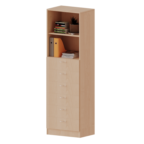 Schubladen - Kombischrank, 5 Ordnerhöhen - Serie evo180 Breite 60 cm, Gesamthöhe 190 cm, 6 Schubladen unten, oben 2 offene Fächer, mit Sockel (81 mm)