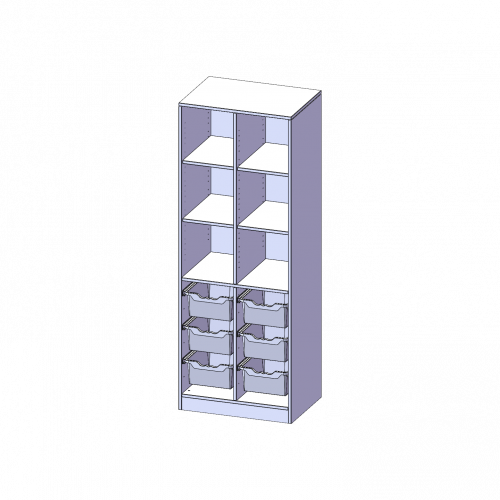 ErgoTray Regal, zweireihig, 5 Ordnerhöhen - evo180 Serie B/H/T: 70,3x190x50 cm, mit Sockel (81 mm) und Mittelwand, unten 6 hohe ErgoTray Boxen, oben 4 Einlegeböden