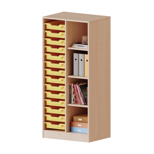 ErgoTray Regal, zweireihig, 4 Ordnerhöhen - evo180 Serie B/H/T: 70,3x154x50 cm, mit Sockel (81 mm), rechts 4 Fächer, links 14 flache ErgoTray Boxen