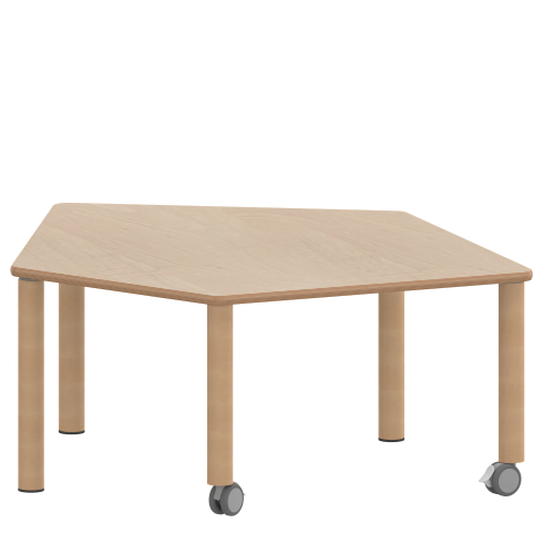 Tisch ZALOTTI mit Schichtstoff-Belag Fünfecktisch-klein, Stellfläche B/T: 121x110 cm, Höhen 25…76 cm, Massivholzbeine Ø 60 mm, Fußvariante: fahrbar