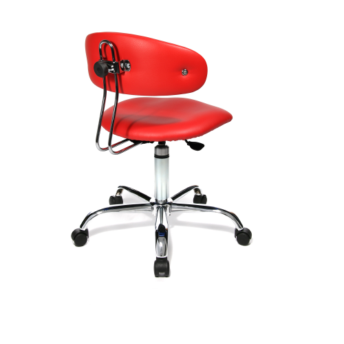 Funktionsdrehstuhl, 3Dimensional beweglich, mit Sattelsitz 5-armiges verchromtes Fußkreuz mit Rollen, Sitz und Rücken Softex rot