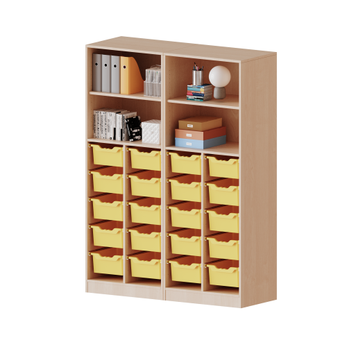 ErgoTray Regal, vierreihig, 5 Ordnerhöhen - evo180 Serie Breite 140,6 cm, Gesamthöhe 190 cm, mit Sockel (81 mm), zweiteilig, unten 20 hohe ErgoTray Boxen, oben 2 Einlegeböden