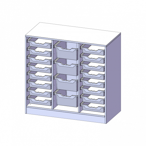 ErgoTray Regal, dreireihig, 2,5 Ordnerhöhen - evo180 Serie Breite 104,5 cm, Gesamthöhe 100 cm, mit Sockel, rechts und links je 8 flache, in der Mitte 4 hohe ErgoTray Boxen