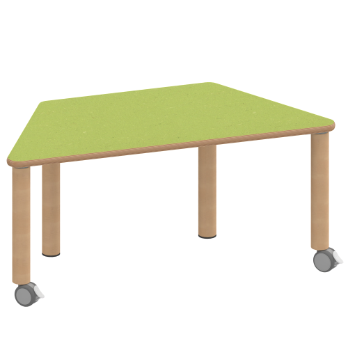 Tisch ZALOTTI mit Linoleum-Belag Trapez-Tische, Maße B/T: 140x70 bzw. 120x60 cm, Höhen 25…76 cm, Massivholzbeine Ø 60 mm, Fußvariante: fahrbar