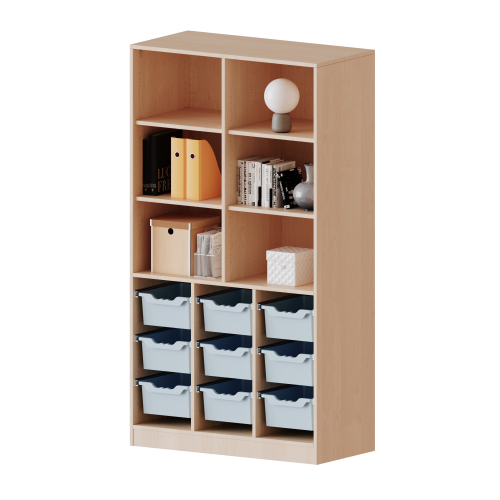 ErgoTray Regal, dreireihig, 5 Ordnerhöhen - evo180 Serie Breite 104,5 cm, Gesamthöhe 190 cm, mit Sockel (81 mm), unten 9 hohe ErgoTray Boxen, oben 4 Einlegeböden