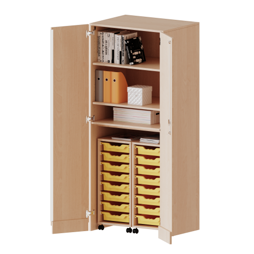 Garagenschrank ohne Sockel, 5 Ordnerhöhen - Serie evo180 B/H/T: 80x190x60 cm, 2 Container mit je 8 flachen ErgoTray Boxen