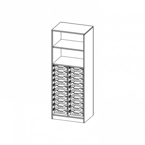 ErgoTray Regal, zweireihig, 5 Ordnerhöhen - evo180 Serie Breite 70,3 cm, Gesamthöhe 190 cm, mit Sockel (81 mm), unten 20 flache ErgoTray Boxen, oben 2 Einlegeböden