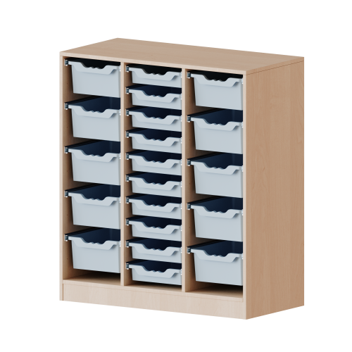 ErgoTray Regal, dreireihig, 3 Ordnerhöhen - evo180 Serie Breite 104,5 cm, Gesamthöhe 118 cm, mit Sockel, rechts und links je 5 hohe, in der Mitte 10 flache ErgoTray Boxen