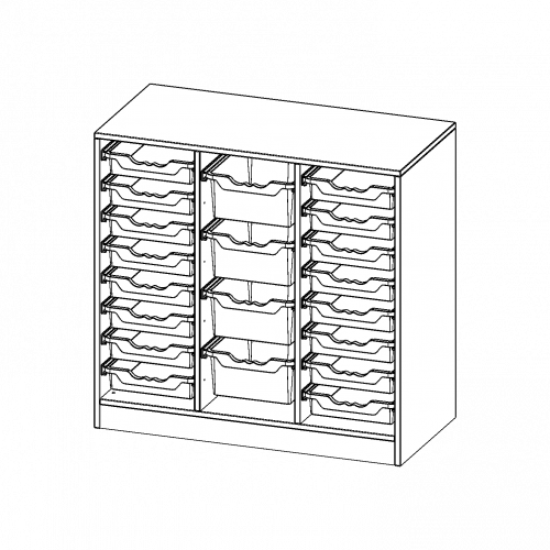 ErgoTray Regal, dreireihig, 2,5 Ordnerhöhen - evo180 Serie Breite 104,5 cm, Gesamthöhe 100 cm, mit Sockel, rechts und links je 8 flache, in der Mitte 4 hohe ErgoTray Boxen