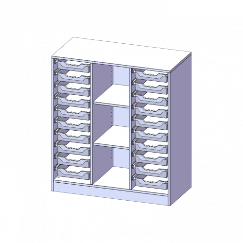 ErgoTray Regal, dreireihig, 3 Ordnerhöhen - evo180 Serie Breite 104,5 cm, Gesamthöhe 118 cm, mit Sockel, rechts und links je 10 flache ErgoTray Boxen, 3 Fächer in der Mitte