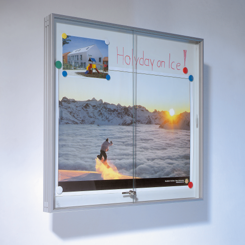 Wandvitrine IA mit Schiebetüren aus Sicherheitsglas und Whiteboardrückwand B/H/T: 50x40x7,5 cm