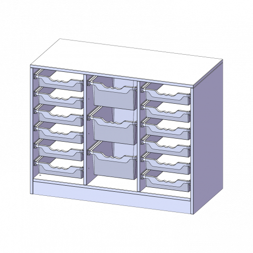 ErgoTray Regal, dreireihig, 2 Ordnerhöhen - evo180 Serie Breite 104,5 cm, Gesamthöhe 82 cm, mit Sockel, rechts und links je 6 flache, in der Mitte 3 hohe ErgoTray Boxen