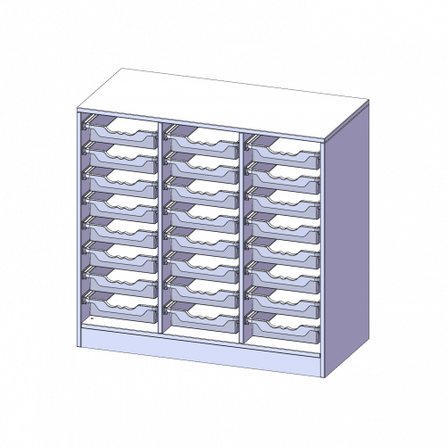 ErgoTray Regal, dreireihig, 2,5 Ordnerhöhen - evo180 Serie Breite 104,5 cm, Gesamthöhe 100 cm, mit Sockel, 24 flache ErgoTray Boxen