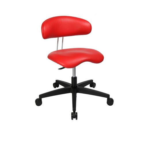 Erzieherinnenhocker mit Lehne und Sattelsitz 5-armiges schwarzes Kunststoff-Fußkreuz mit Rollen, Sitz und Rücken Softex rot