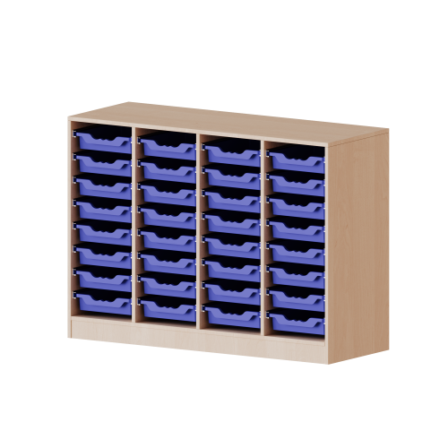 ErgoTray Regal, vierreihig, 2,5 Ordnerhöhen - evo180 Serie Breite 138,7 cm, Gesamthöhe 100 cm, mit Sockel, 32 flache ErgoTray Boxen